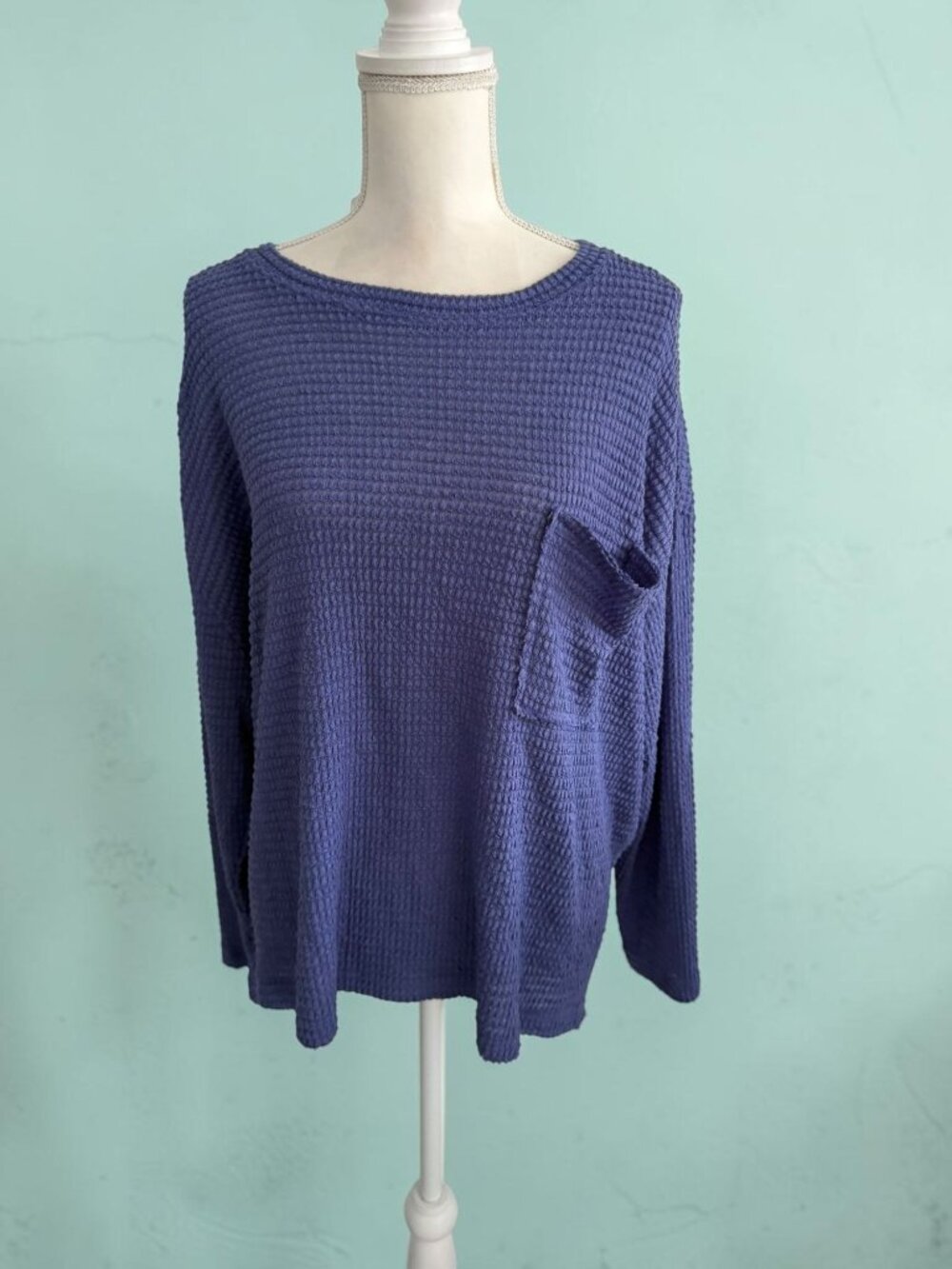 ZENANA Blue Waffle Knit Long Sleeve Size L/XL